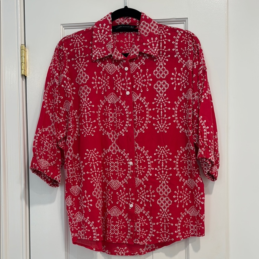 Zara Red and White Cotton Embroidered Blouse